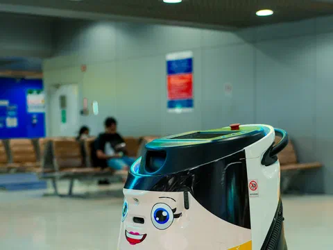 A service robot in the waiting hall of a public building