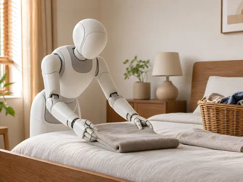 A humanoid robot folding a blanket on a bed in a sunlit bedroom